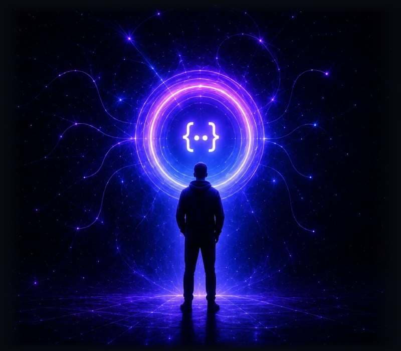 Developer facing a glowing code portal